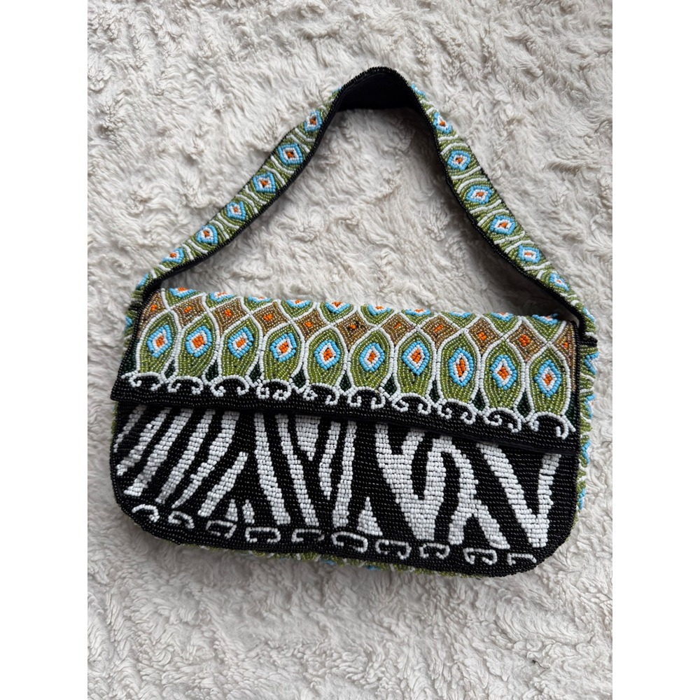 Cache Vintage Y2K Beaded Baguette Shoulder Bag Zebra Geometric Animal Print - Picture 3 of 16
